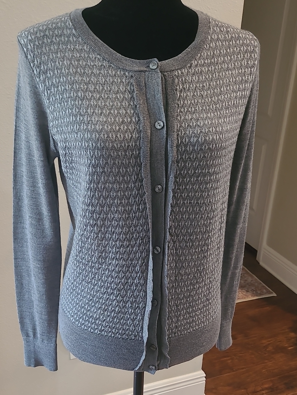 LOFT Gray Textured Button-Front Cardigan Wool Blend Size M